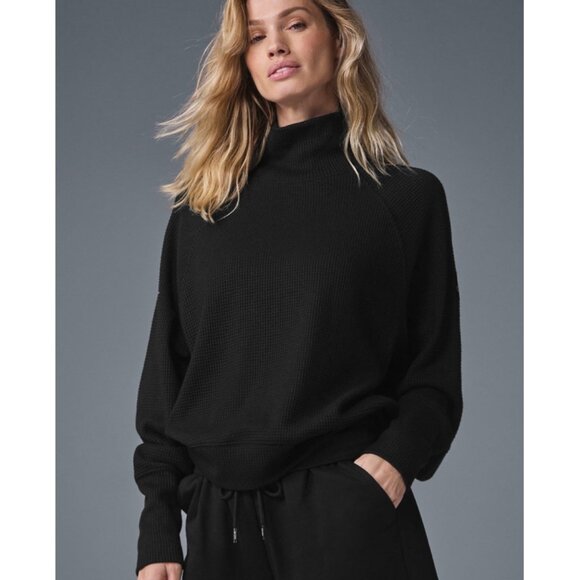 ALO Yoga Sweaters - Alo Waffle Weekend Escape Mock Neck Long Sleeve Black Turtleneck Thermal Sweater